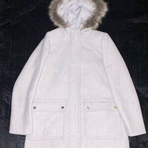 J. Crew White Ski Jacket with Faux Fur Hood